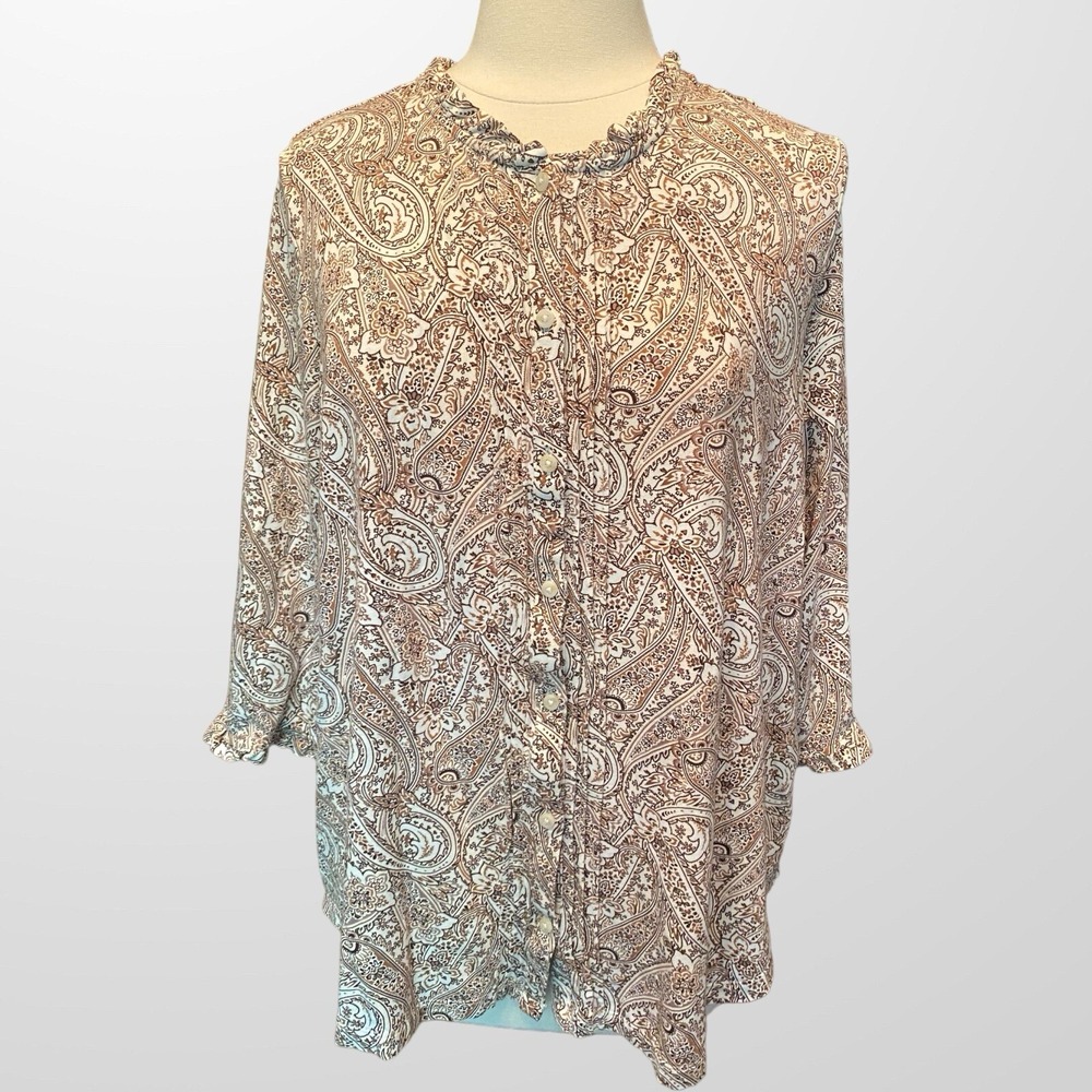 Lands End Womens Size 1X Stretch Long‎ Sleeve Top Shirt Blouse Brown Tan 14 / 16